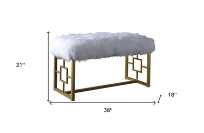 18" White and Gold Upholstered Faux Fur Bench - FurniFindUSA