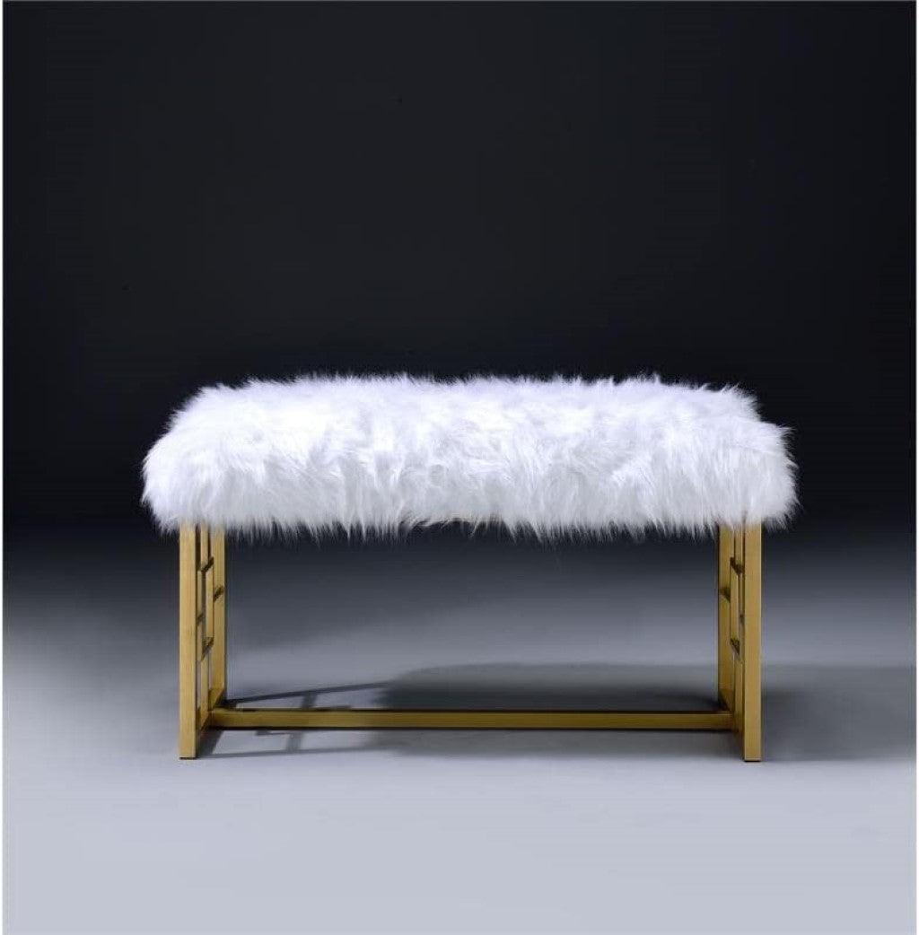 18" White and Gold Upholstered Faux Fur Bench - FurniFindUSA