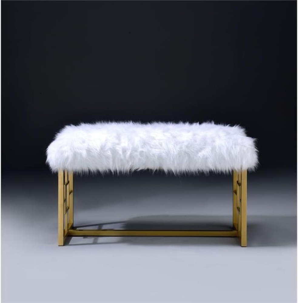 18" White and Gold Upholstered Faux Fur Bench HomeRoots