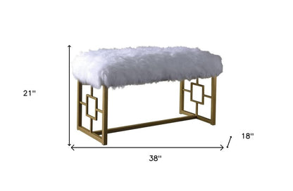 18" White and Gold Upholstered Faux Fur Bench HomeRoots