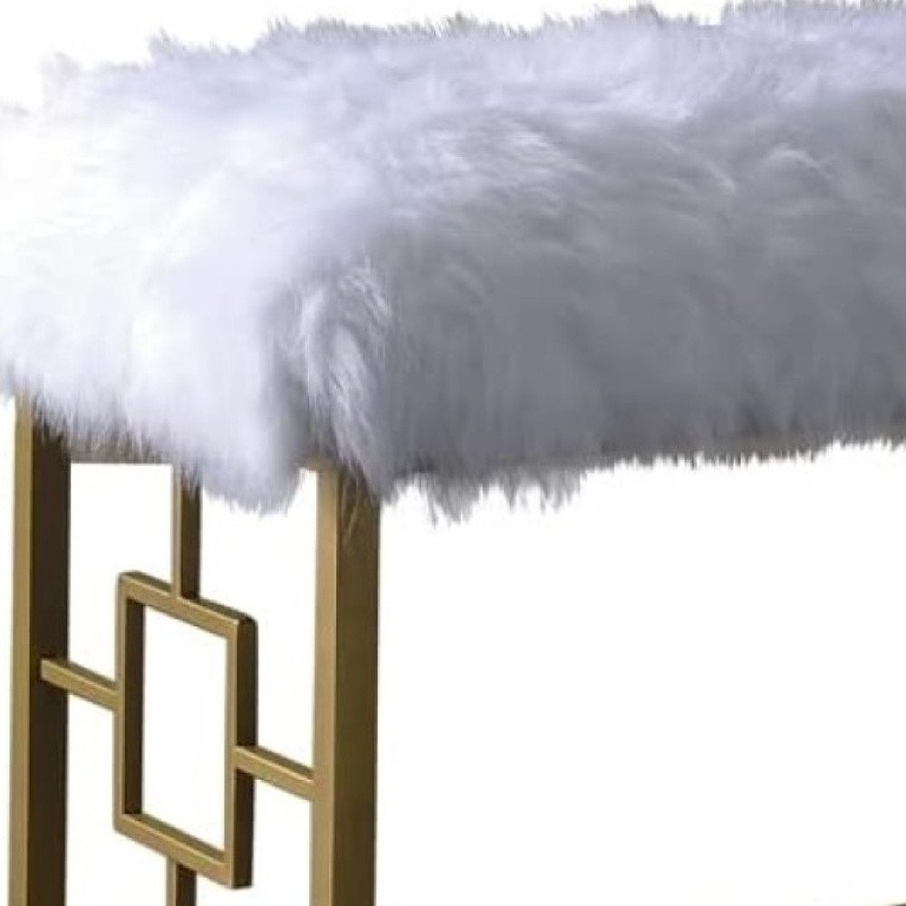 18" White and Gold Upholstered Faux Fur Bench HomeRoots