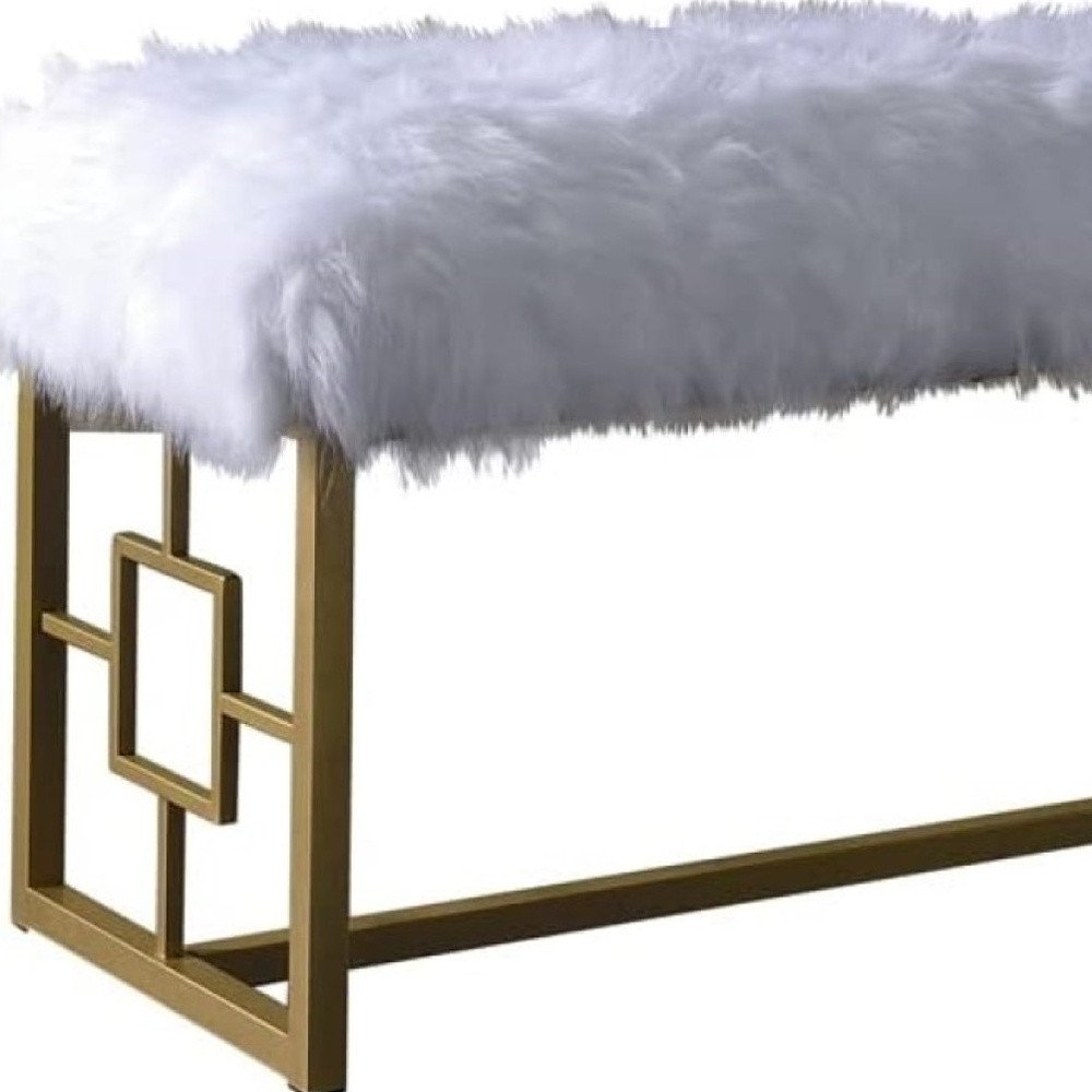 18" White and Gold Upholstered Faux Fur Bench HomeRoots