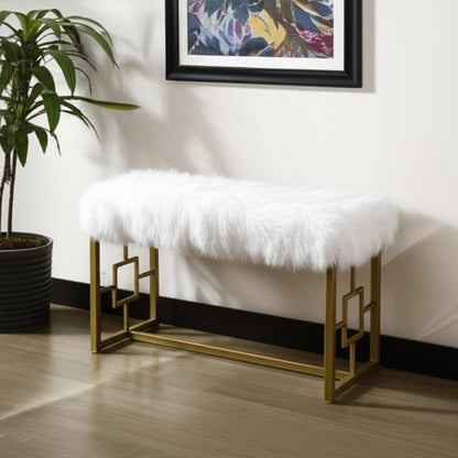 18" White and Gold Upholstered Faux Fur Bench HomeRoots