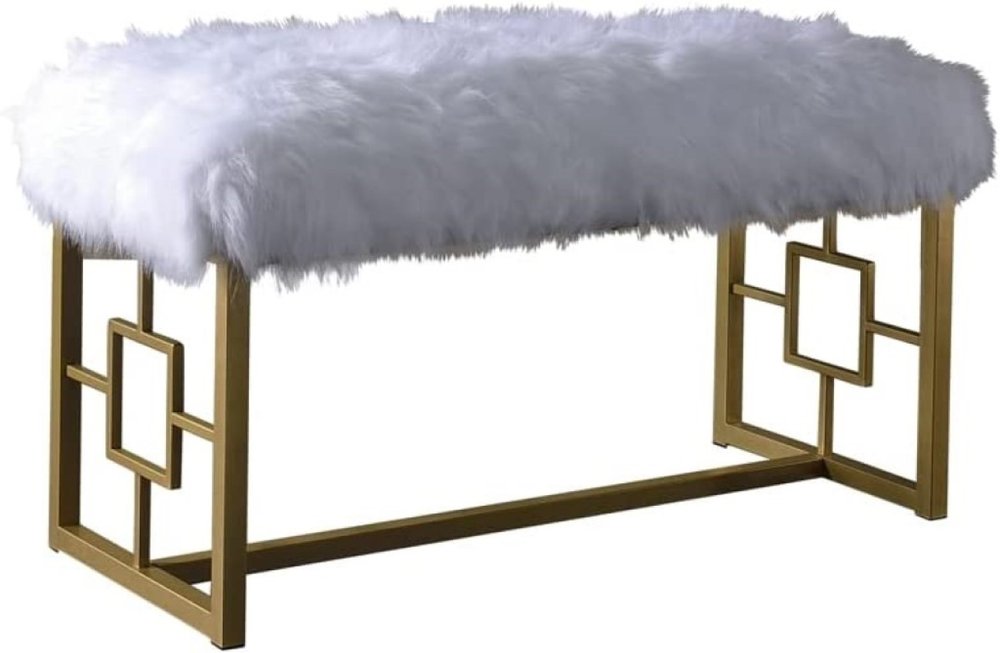 18" White and Gold Upholstered Faux Fur Bench HomeRoots