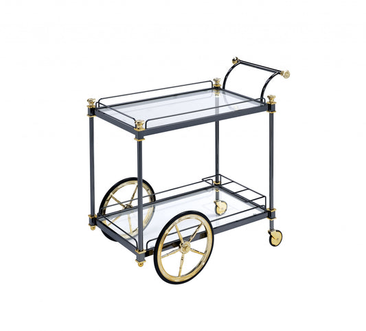 Black and Gold Iron And Glass Rolling Bar Cart With Wine Storage