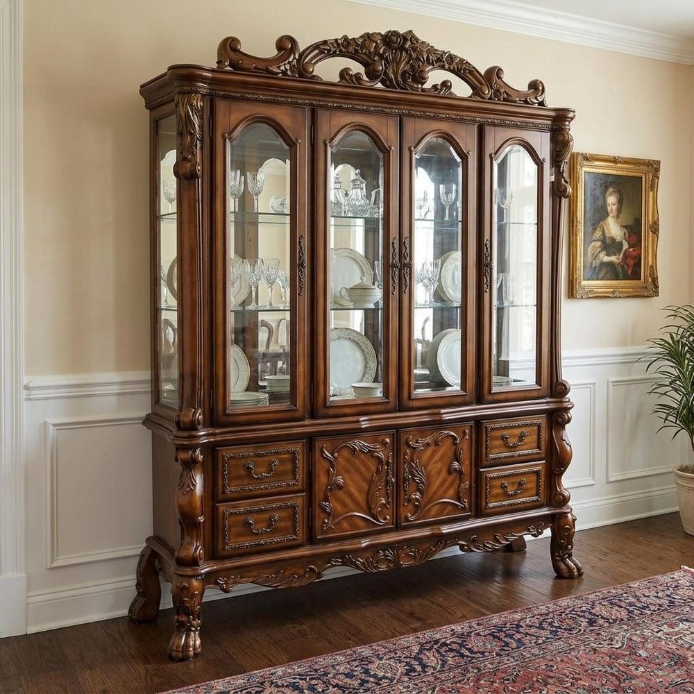 74" Brown Wood Four Drawer Sideboard With Glass Door Dining Hutch — view 7
