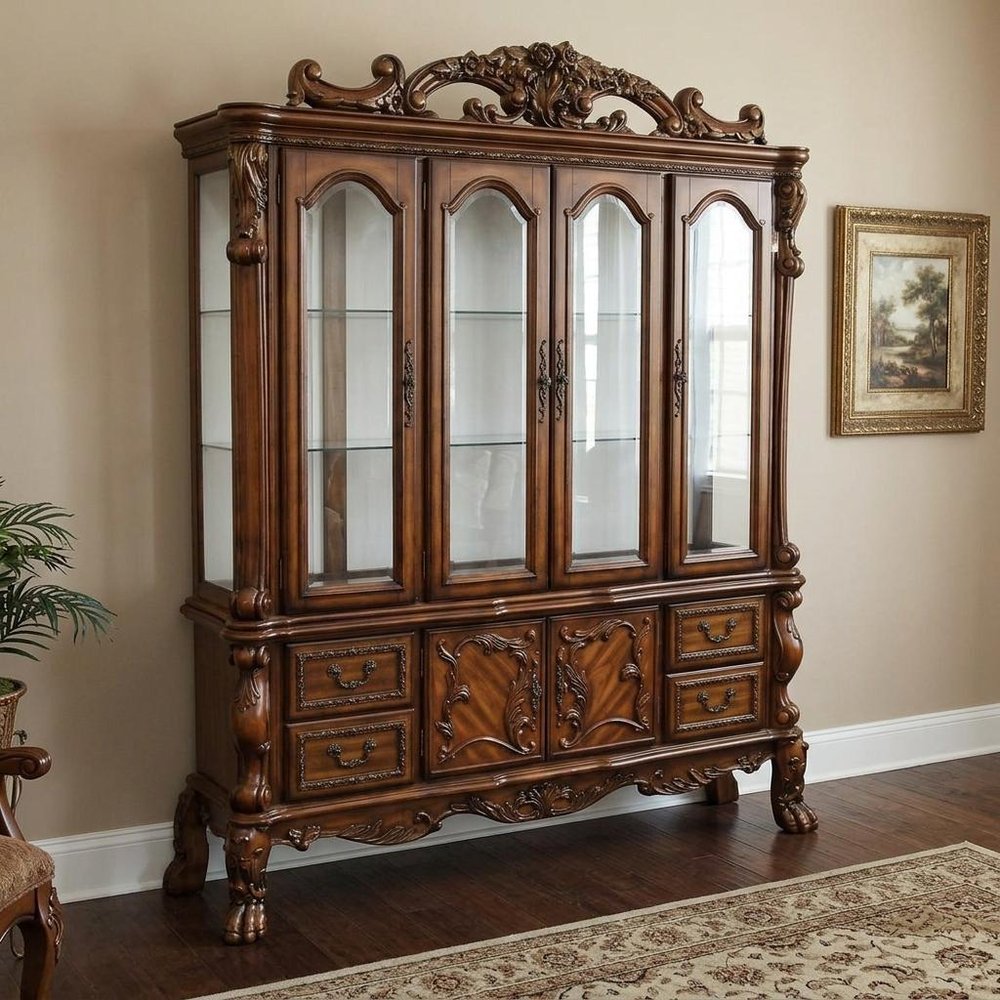 74" Brown Wood Four Drawer Sideboard With Glass Door Dining Hutch — view 8