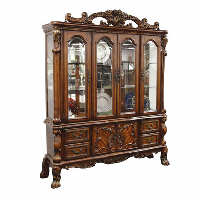 74" Brown Wood Four Drawer Sideboard With Glass Door Dining Hutch