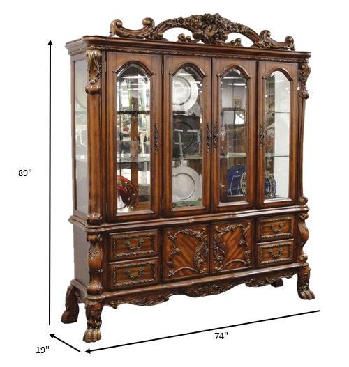 19" X 74" X 89" Cherry Oak Wood Poly Resin Glass Hutch Buffet - FurniFindUSA