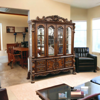 19" X 74" X 89" Cherry Oak Wood Poly Resin Glass Hutch Buffet - FurniFindUSA