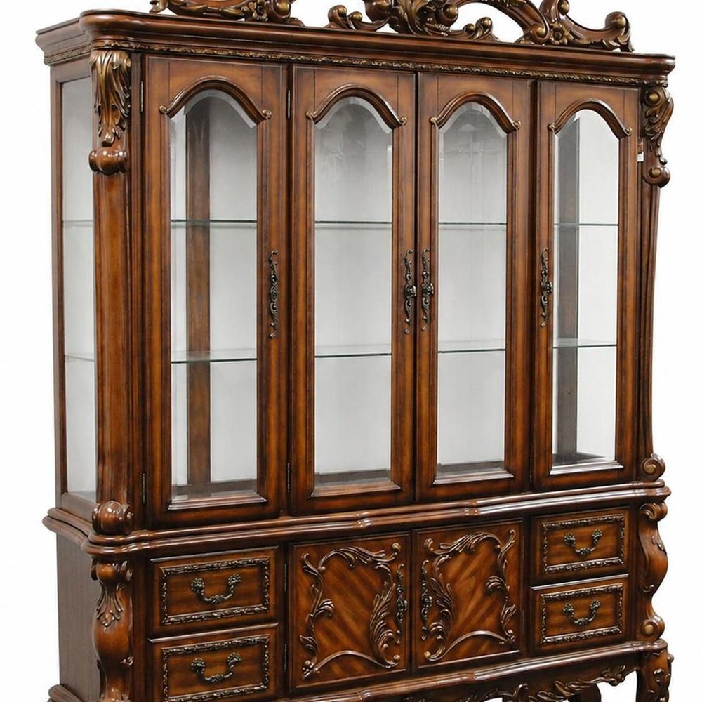 74" Brown Wood Four Drawer Sideboard With Glass Door Dining Hutch