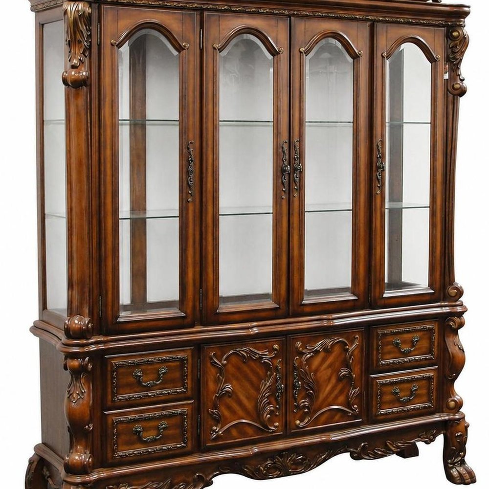 19" X 74" X 89" Cherry Oak Wood Poly Resin Glass Hutch  Buffet HomeRoots
