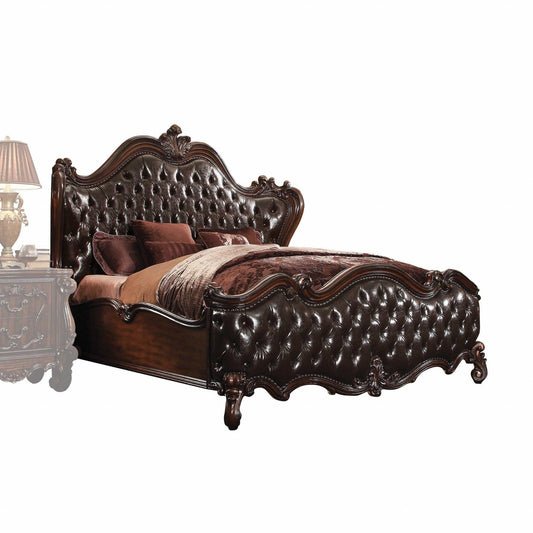 88" X 101" X 76" 2-Tone Dark Brown Pu Cherry Oak Wood Poly Resin Upholstery California King Bed - FurniFindUSA