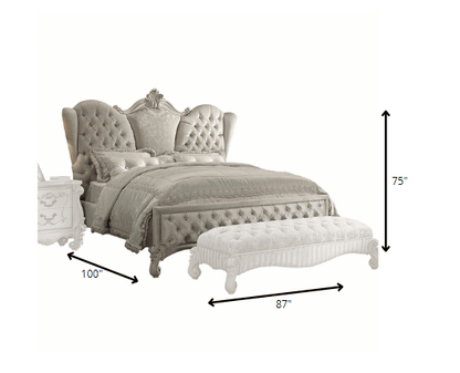 87" X 100" X 75" Ivory Velvet Bone White Upholstery Poly Resin California King Bed - FurniFindUSA