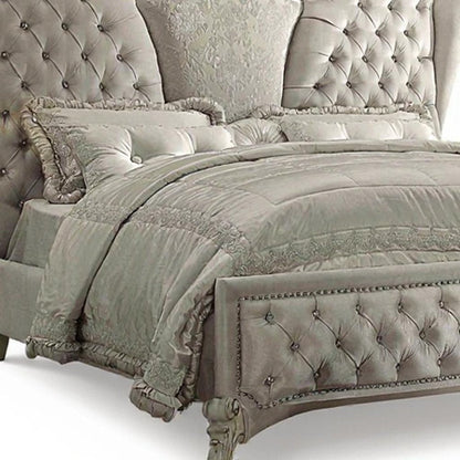 Ivory Solid Wood Queen Tufted Upholstered Velvet Bed Frame with Nailhead Trim HomeRoots