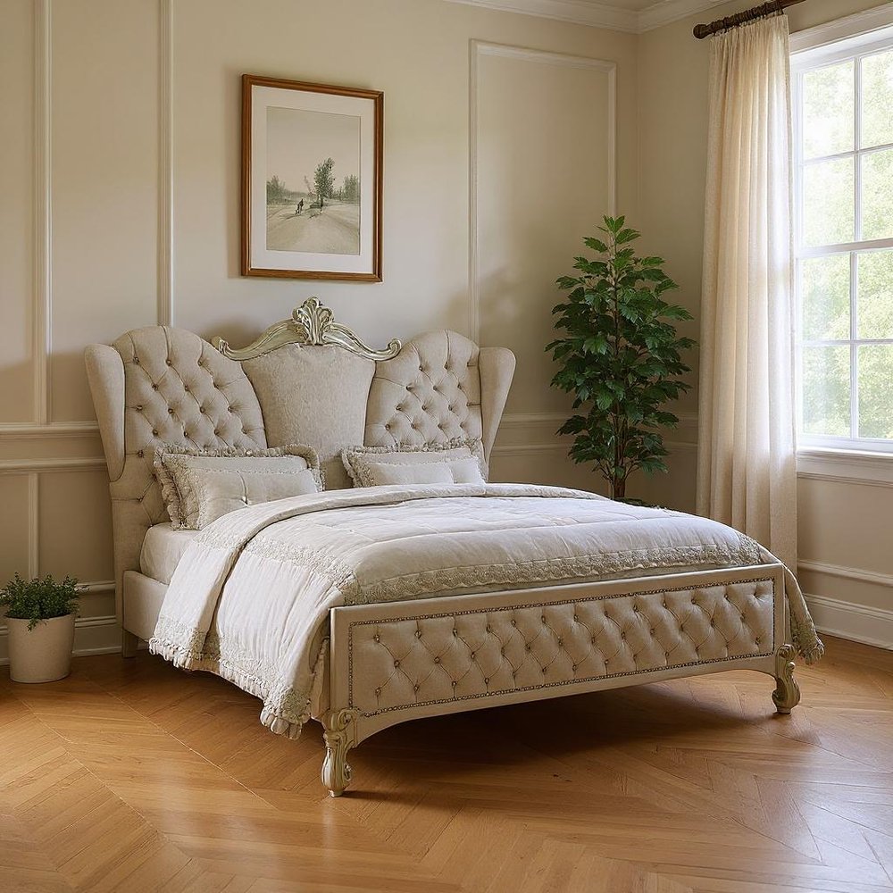 Ivory Solid Wood Queen Tufted Upholstered Velvet Bed Frame with Nailhead Trim HomeRoots