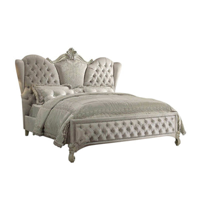 Ivory Solid Wood Queen Tufted Upholstered Velvet Bed Frame with Nailhead Trim HomeRoots