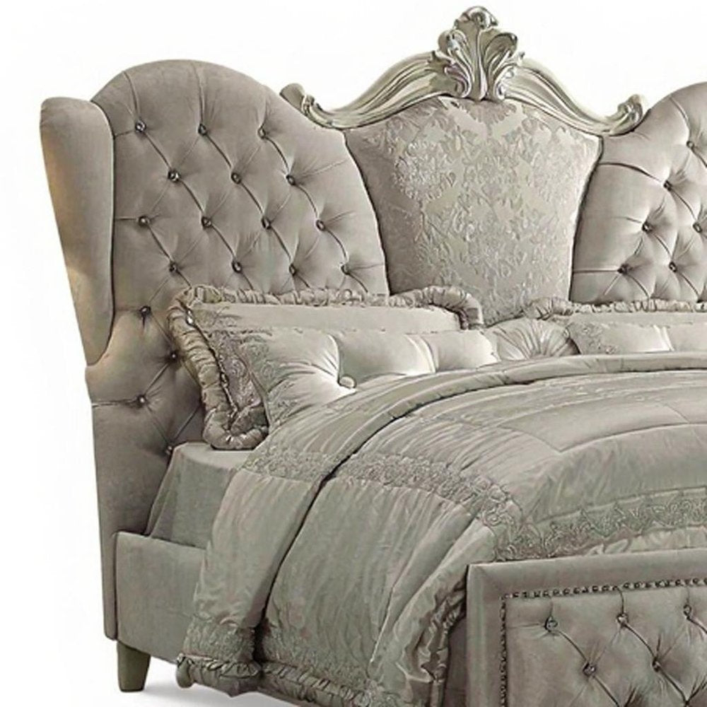Ivory Solid Wood Queen Tufted Upholstered Velvet Bed Frame with Nailhead Trim HomeRoots