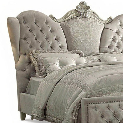 Ivory Solid Wood Queen Tufted Upholstered Velvet Bed Frame with Nailhead Trim HomeRoots