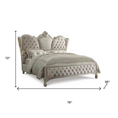 Ivory Solid Wood Queen Tufted Upholstered Velvet Bed Frame with Nailhead Trim HomeRoots