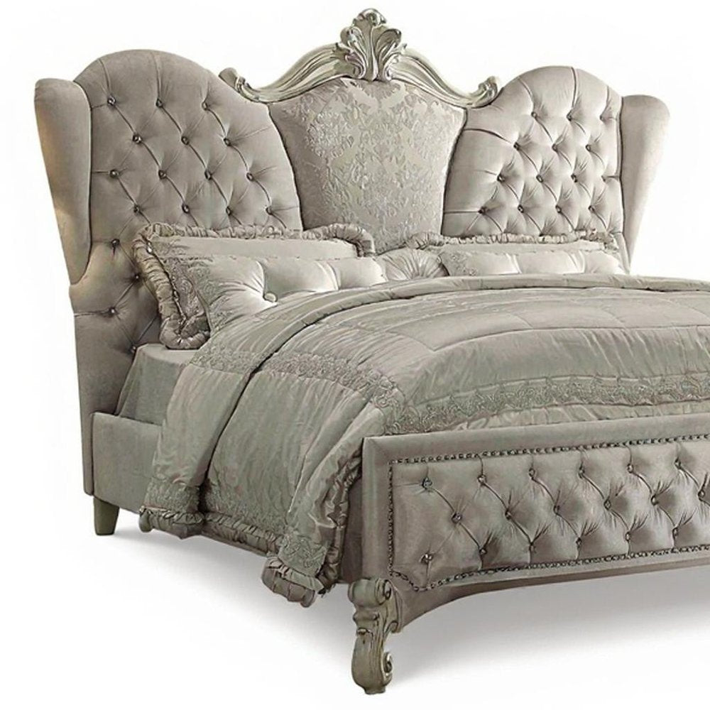 Ivory Solid Wood Queen Tufted Upholstered Velvet Bed Frame with Nailhead Trim HomeRoots
