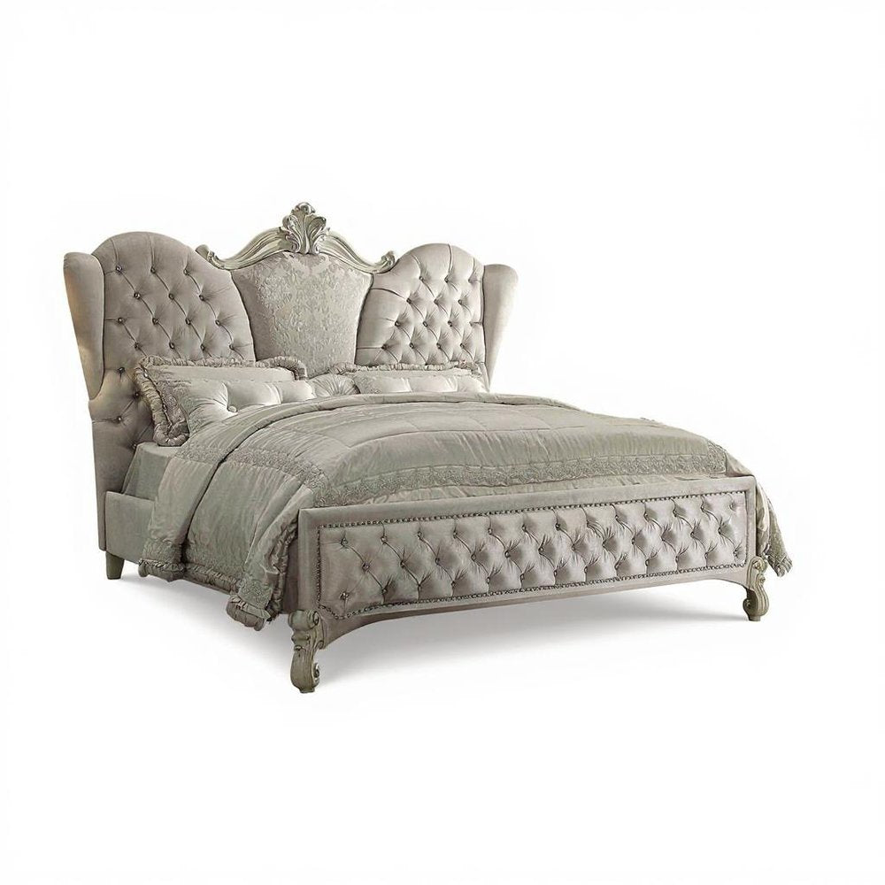 Ivory Solid Wood Queen Tufted Upholstered Velvet Bed Frame with Nailhead Trim HomeRoots