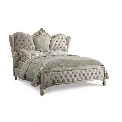 Ivory Solid Wood Queen Tufted Upholstered Velvet Bed Frame with Nailhead Trim HomeRoots