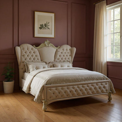 Ivory Solid Wood Queen Tufted Upholstered Velvet Bed Frame with Nailhead Trim HomeRoots