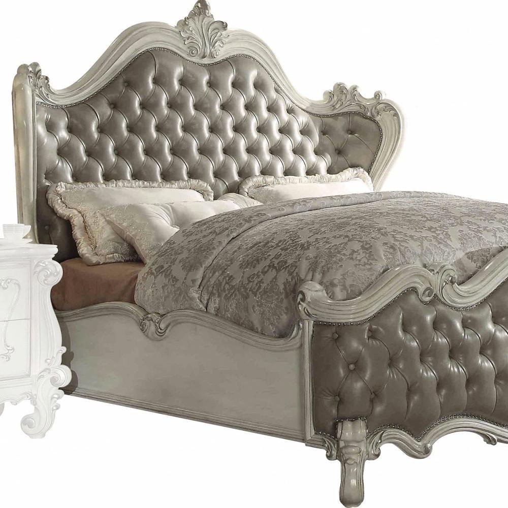 Gray and Bone Carved Scrollwork Solid Wood And Tufted Faux Leather Queen Bed Frame With Nailhead Trim HomeRoots
