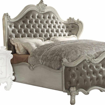 Gray and Bone Carved Scrollwork Solid Wood And Tufted Faux Leather Queen Bed Frame With Nailhead Trim HomeRoots