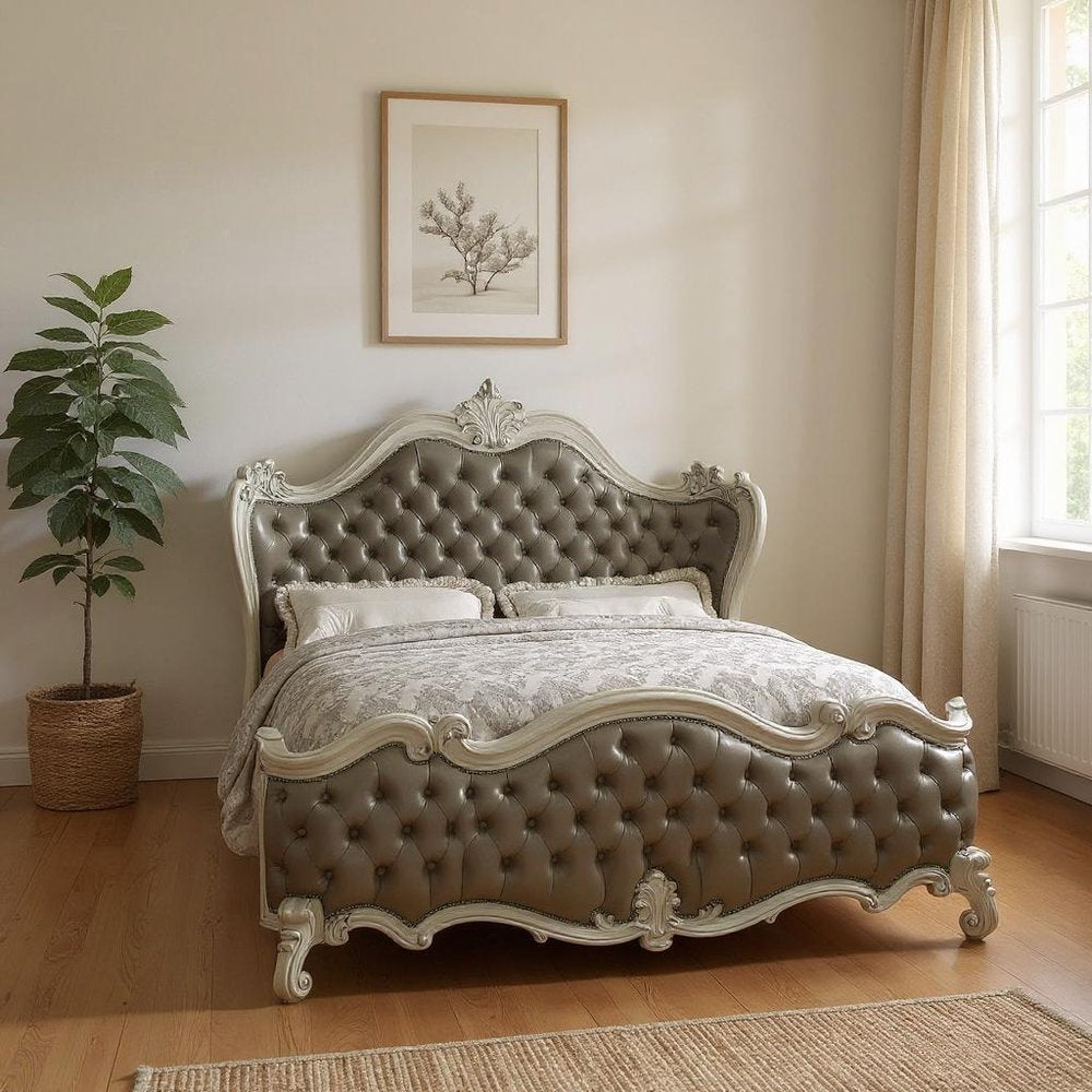 Gray and Bone Carved Scrollwork Solid Wood And Tufted Faux Leather Queen Bed Frame With Nailhead Trim HomeRoots
