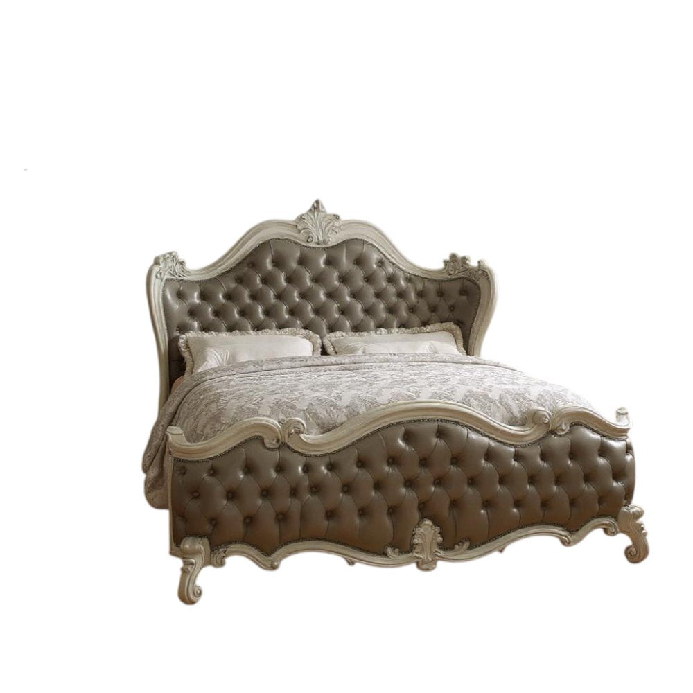 Gray and Bone Carved Scrollwork Solid Wood And Tufted Faux Leather Queen Bed Frame With Nailhead Trim HomeRoots