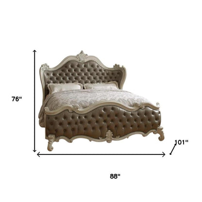 Gray and Bone Carved Scrollwork Solid Wood And Tufted Faux Leather Queen Bed Frame With Nailhead Trim HomeRoots