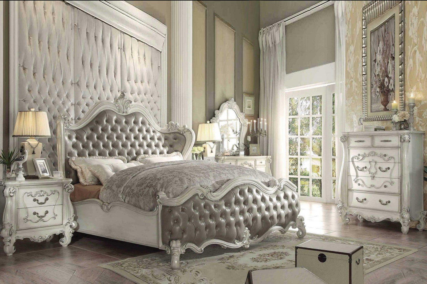 King Tufted Ivory And Gray Upholstered Faux Leather Bed With Nailhead Trim - FurniFindUSA