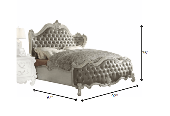 King Tufted Ivory And Gray Upholstered Faux Leather Bed With Nailhead Trim - FurniFindUSA