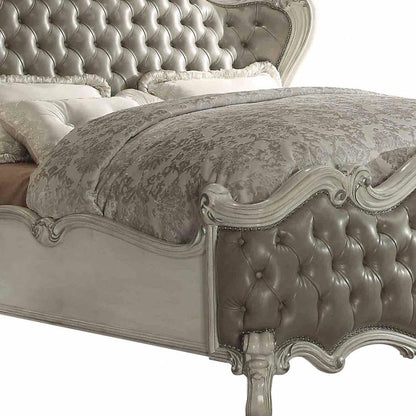 Gray and Bone Carved Scrollwork Solid Wood And Tufted Faux Leather Queen Bed Frame With Nailhead Trim HomeRoots