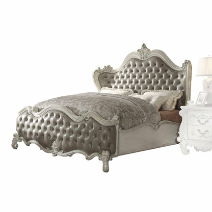 King Tufted Ivory And Gray Upholstered Faux Leather Bed With Nailhead Trim - FurniFindUSA