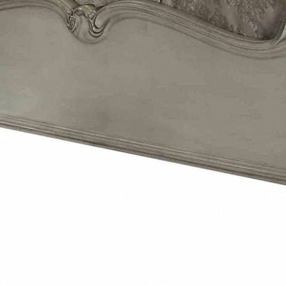 Gray and Bone Carved Scrollwork Solid Wood And Tufted Faux Leather Queen Bed Frame With Nailhead Trim HomeRoots