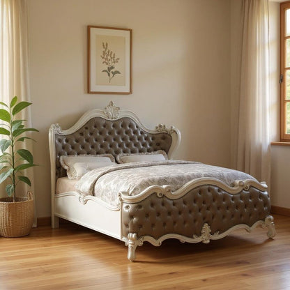 Gray and Bone Carved Scrollwork Solid Wood And Tufted Faux Leather Queen Bed Frame With Nailhead Trim HomeRoots