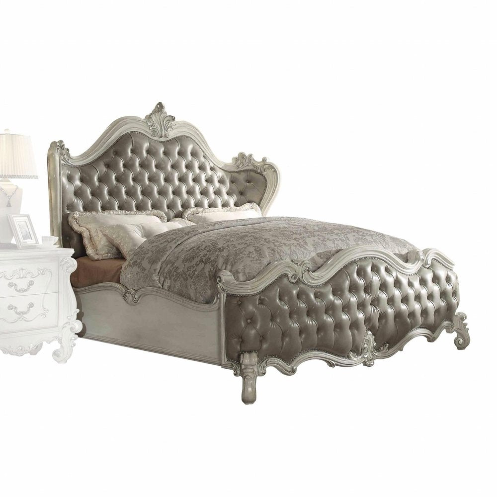 Gray and Bone Carved Scrollwork Solid Wood And Tufted Faux Leather Queen Bed Frame With Nailhead Trim HomeRoots