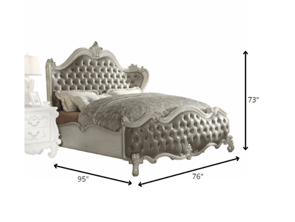 King Tufted Ivory And Gray Upholstered Faux Leather Bed With Nailhead Trim - FurniFindUSA