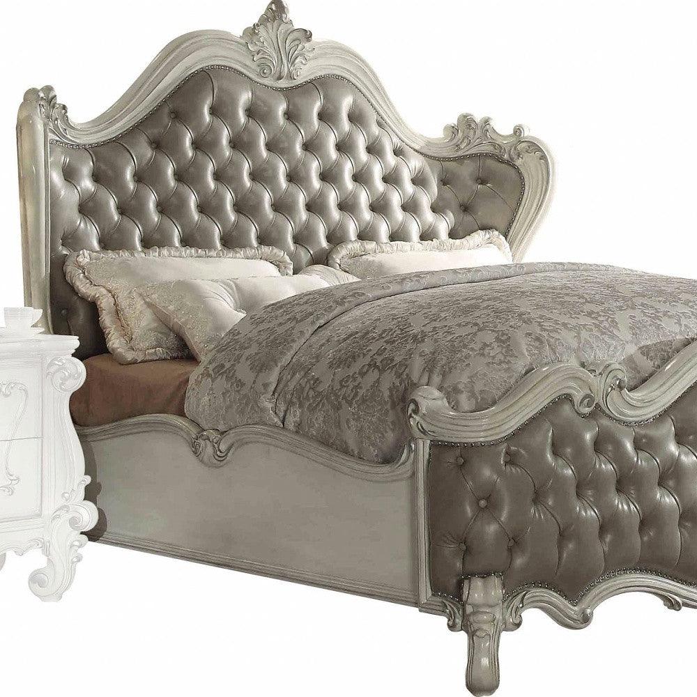 King Tufted Ivory And Gray Upholstered Faux Leather Bed With Nailhead Trim - FurniFindUSA