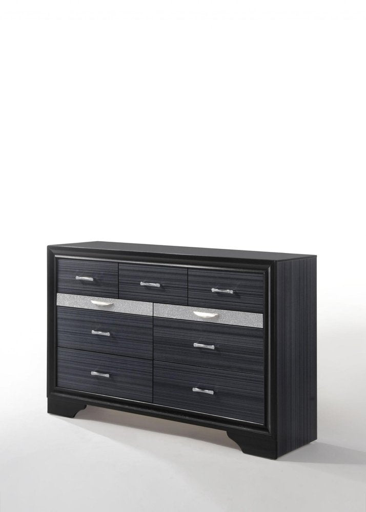 63" Black And Silver Faux Crystal Bling Wood Nine Drawer Double Dresser — view 1