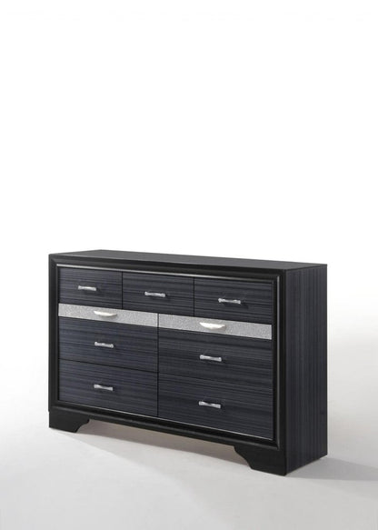 63" Black And Silver Faux Crystal Bling Wood Nine Drawer Double Dresser