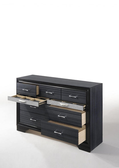 63" Black And Silver Faux Crystal Bling Wood Nine Drawer Double Dresser