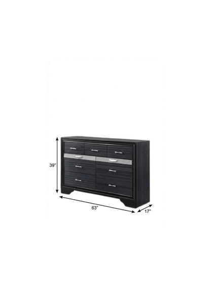 63" Black And Silver Faux Crystal Bling Wood Nine Drawer Double Dresser