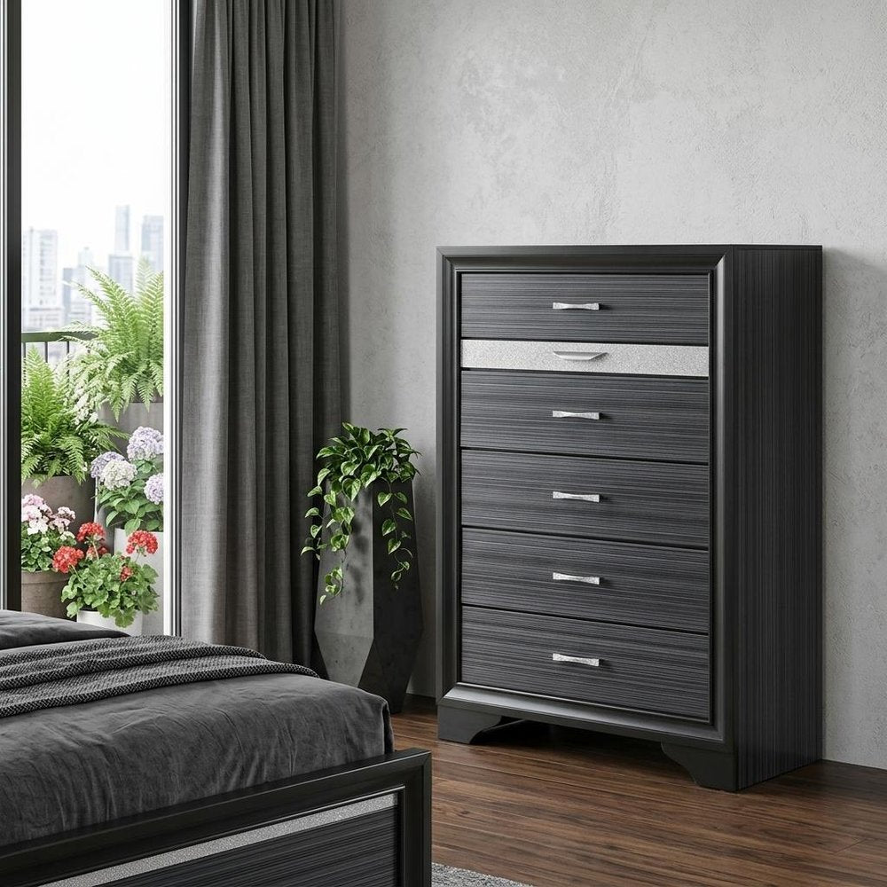 34" Black Faux Crystal Bling Solid Wood Six Drawer Dresser HomeRoots