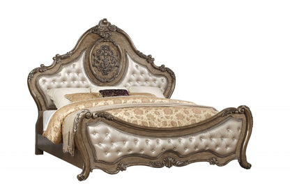 Queen Tufted Bronze Upholstered Faux Leather Bed With Nailhead Trim - FurniFindUSA