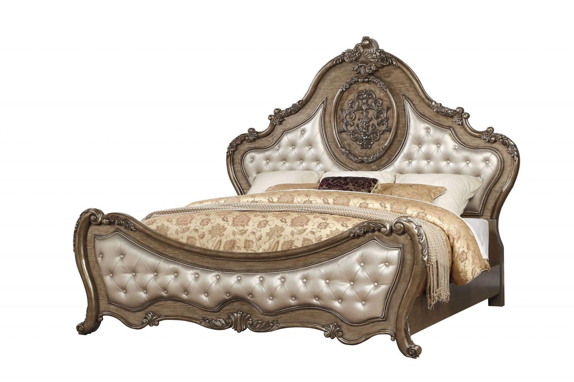 Queen Tufted Bronze Upholstered Faux Leather Bed With Nailhead Trim - FurniFindUSA