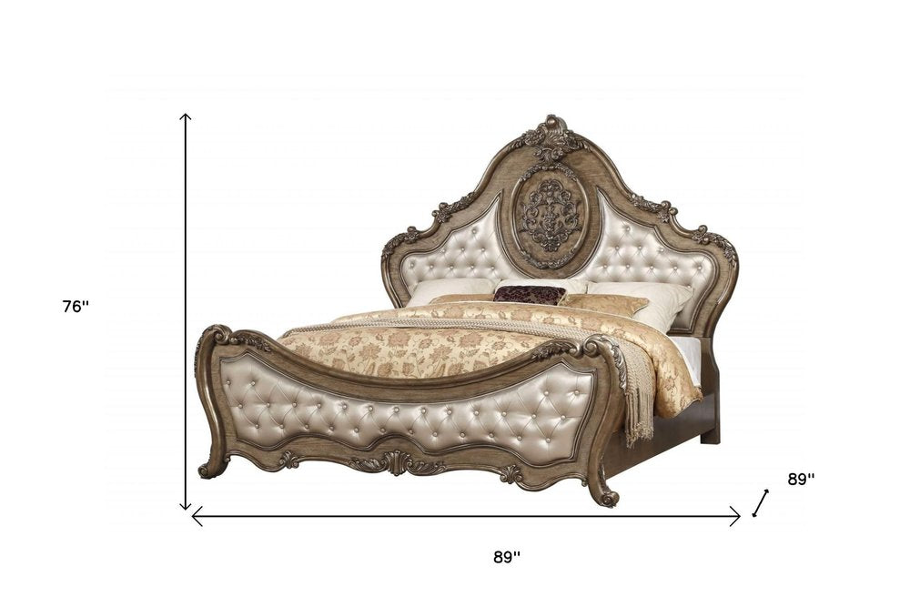 Queen Tufted Bronze Upholstered Faux Leather Bed With Nailhead Trim HomeRoots